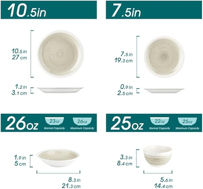 16 Piece Stoneware Tableware Set with Dinner Dessert Plate Cereal Pasta Bowl for 4 Person