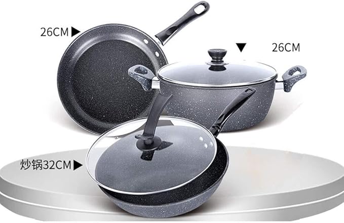 3-Piece Stone Non-Stick Cookware Set Frying Pan Soup Pot Wok Healthy 5-Layer Thickened Base Compatible with Induction Cookers