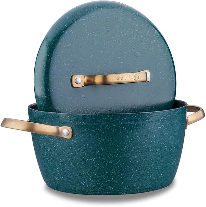 Korkmaz Vintage Cookware Set | 5 Pcs Nonstick Pot Set with Lid | Mixed Granite Casserole Set with Bronze Stay Cool Stainless Steel Handles | Cooking Set with Frying Pan | Oven Dishwasher Safe | Green
