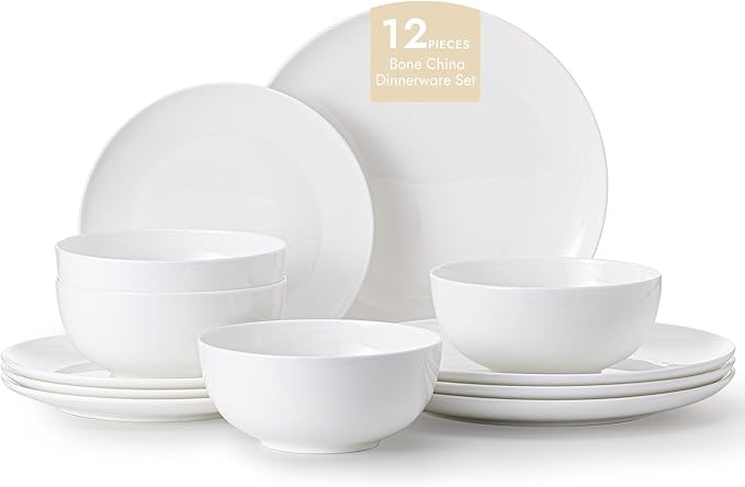 KINGSTONE 12-Piece Bone China Dinnerware Set for 4 Lightweight and Durable Microwave and Dishwasher Safe White Plates and Bowls for Everyday Use
