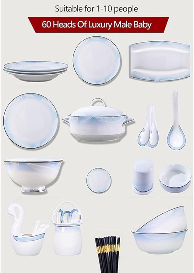 Dinnerware Set Dinner Party Tableware Service Set 56/60PCS Ceramic Dinnerware Set Bone China Tableware Dishes Plates Ceramic Combination Dinner Service Set Diner Set60 Pieces