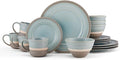 16 Piece Mid-Century Modern Durable Stoneware Dinnerware Set Casual Microwave &amp Dishwasher Safe Colorful Brown Blue Dinnerware Sets for 4 Round Dinner &amp Salad Plates Bowls and Mugs