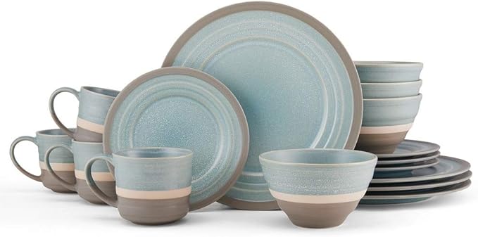 16 Piece Mid-Century Modern Durable Stoneware Dinnerware Set Casual Microwave &amp Dishwasher Safe Colorful Brown Blue Dinnerware Sets for 4 Round Dinner &amp Salad Plates Bowls and Mugs