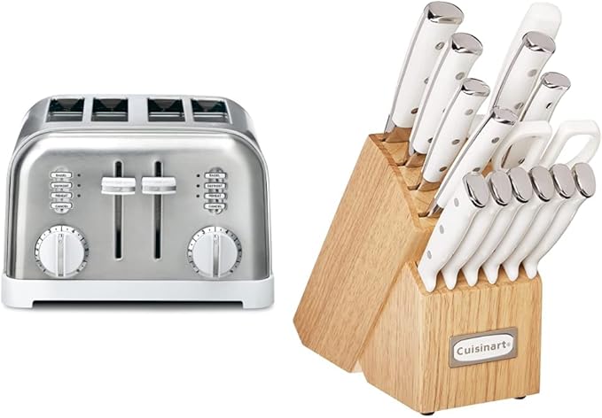 Cuisinart CPT-180WP1 4-Slice Metal Classic Toaster White/Stainless Steel &amp C77WTR-15P Classic Forged Triple Rivet 15-Piece Knife Set with Block White