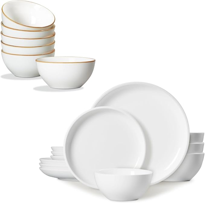 ONEMORE White Plates and Bowls Set Dinnerware Sets for 4 Cream White Dinner Bowl Set 24 oz Dishwasher and Oven Safe