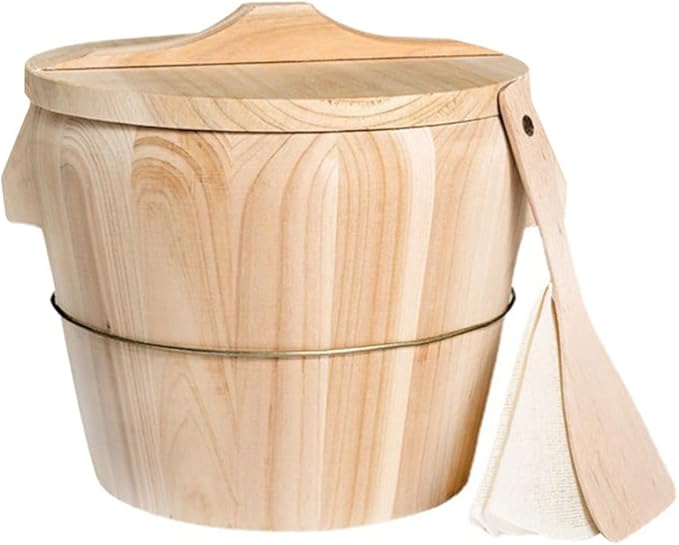 jojofuny Wooden Rice Steamer Bucket 8.26X6.49X6.49 Inch Natural Chinese Material Handmade Steamed Rice Barrel with Iron Handles Removable Bottom for Even Cooking and Easy Cleaning