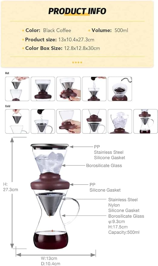Deluxe Cold Brew Coffee Maker with Removable Stainless Steel Filter (Hot/Cold Coffee Brew 14oz)