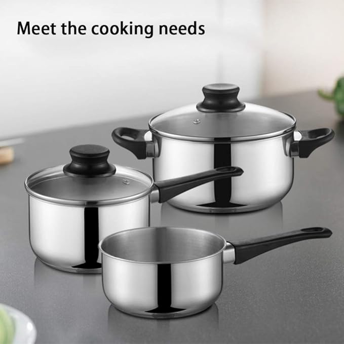 Cookware Set3-Piece Stainless Steel Pot &amp Pan SetsSaucepan Casserole Milk Pot Gourmet Making Pan with Glass LidSturdy and Comfortable HandleSuitable for Multiple