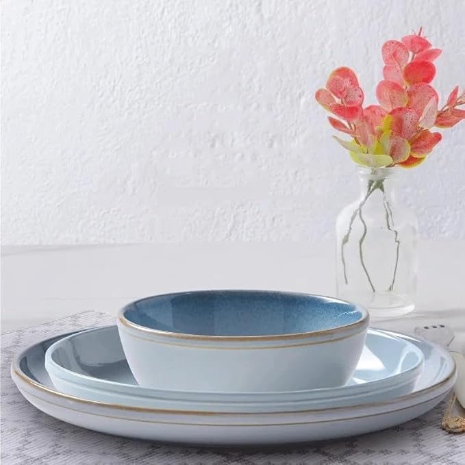 Stoneware 12-Pc Dinnerware Set Handcrafted Artisanal Bead Plates and Bowls Solid and Reactive Glazes