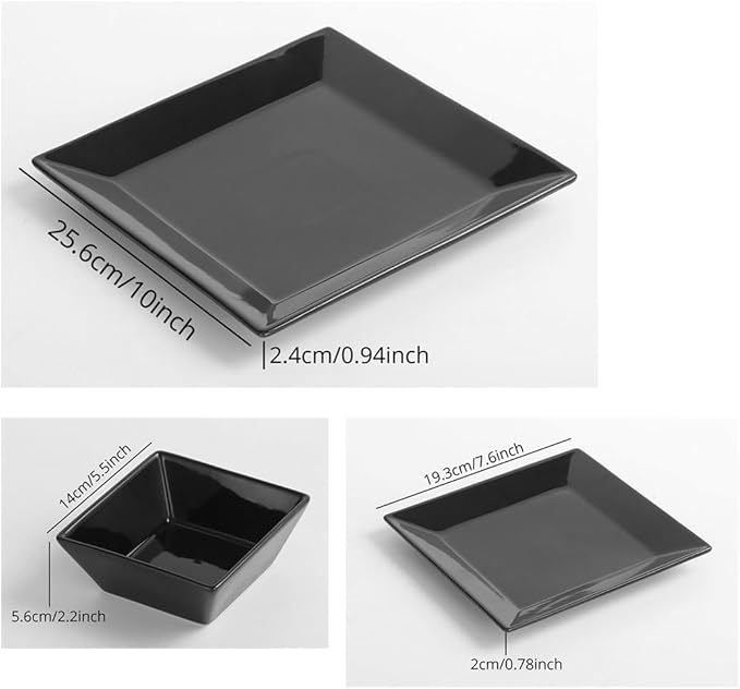 DOMINI 12-Piece Square Dinnerware Set Service for 4 Porcelain Dishes Dinner Square-Black