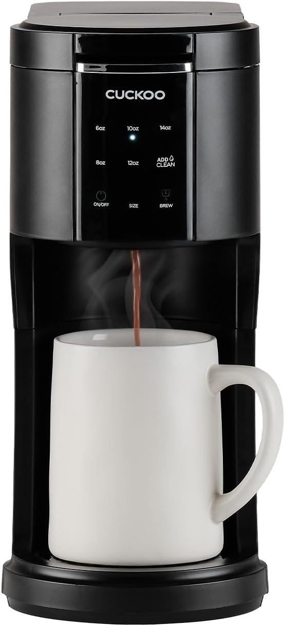 CUCKOO Single Serve Coffee Maker for K-Cup Ground Beans &amp Loose-Leaf Tea Versatile 3-in-1 Pod Coffee Maker Small Single Cup Machine with 5 Sizes and Auto-Clean Mode (CCM-AK011B)