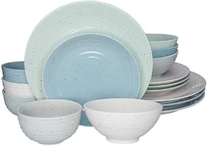 16 Piece All Seasons Farmhouse Casual Solid Textured Pattern Stoneware Dinnerware Sets Modern &amp Contemporary Rustic Charm Multi Colored White Seafoam Blue Plates and Bowls Sets