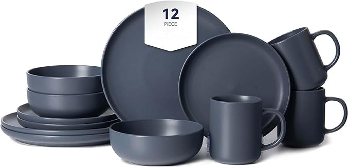 Plates and Bowls Sets 12 Pieces Stoneware Dinnerware Sets with Mugs Stackable Matte Glaze Kitchen Stoneware Plates and Bowls Set for 3 Microwave and Dishwasher Safe(Blue)