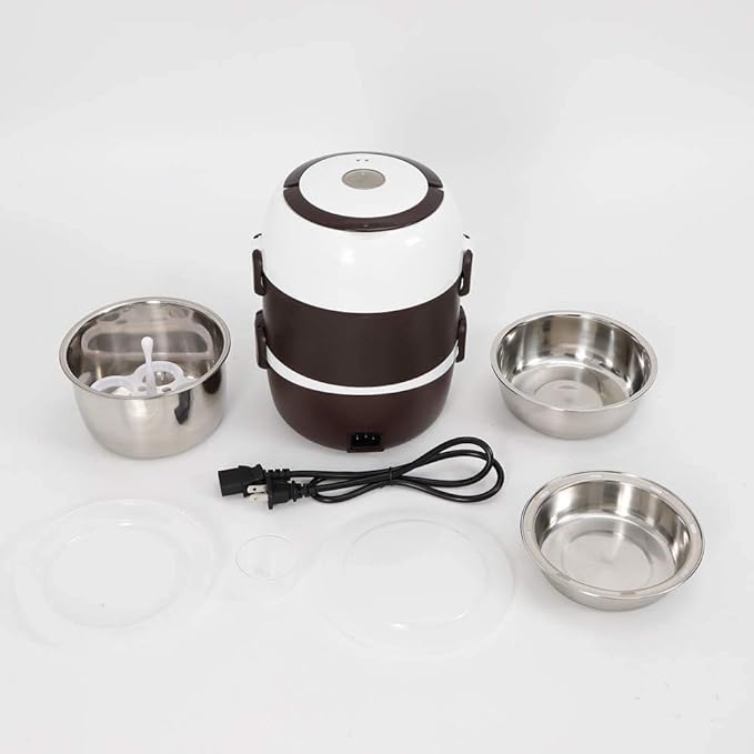 Electric Lunch Box Rice Cooker- 3 Layers 2L Portable Rice Food Heater Warmer w/Steaming Rack Stainless Steel Food Steamer for Office Home To-go Food 110V