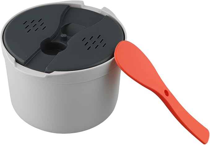 Microwave Rice Cooker Steamer 18x18x13cm Portable Multifunction Lunch Box for Rice Pasta Vegetables Soup Dishwasher Safe White+Grey+Orange