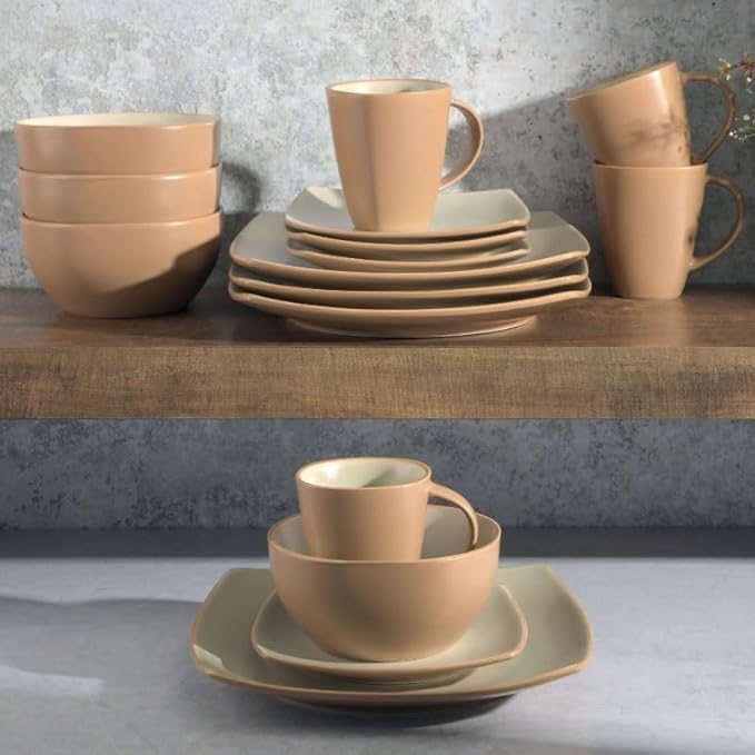 Square Stoneware 16 Piece Dinnerware Set Sand Dinner Plates and Dishes Table Ware Home Dining Plate