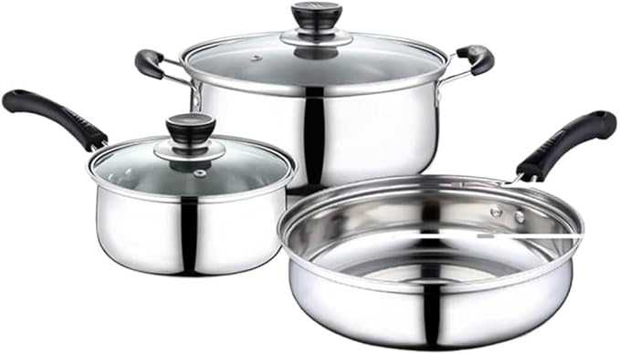3-Piece Stainless Steel Cookware Set – Soup Pot Frying Pan Milk Pan with Glass Lid – Induction CompatibleHealthy Cooking