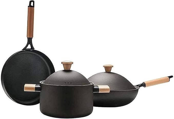 Kitchen Non-Stick Pan SetKitchen Cookware SetWoks and Saucepan Pots and Pans Set3 PieceBlack