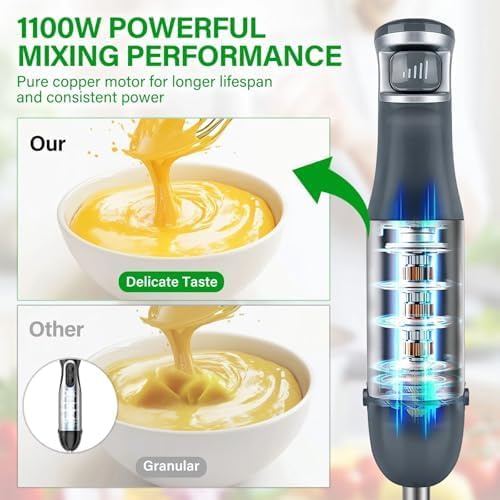 Immersion Blender Handheld 1100W 3-in-1 Corded Stick Blender with Speed Control Includes Whisk and Milk Frother Attachments Perfect for Soups Smoothies and Purees