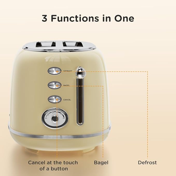 Toaster Retro 2 Slice Vintage White Toaster with Lid with Bread Attachment Preheat Defrost And Cancel Functions 6 Browning Levels (Beige)