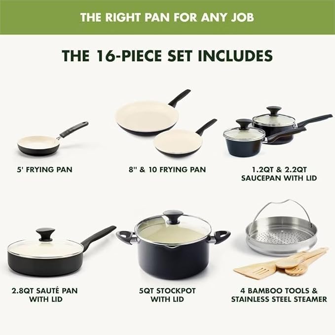 16 Piece Cookware Pots and Pans Set Hard Anodized Healthy Ceramic Nonstick PFAS-Free Bakelite Handles Frypans Saucepan Saute Pan Stock Pot Kitchen Tools Dishwasher Safe Black