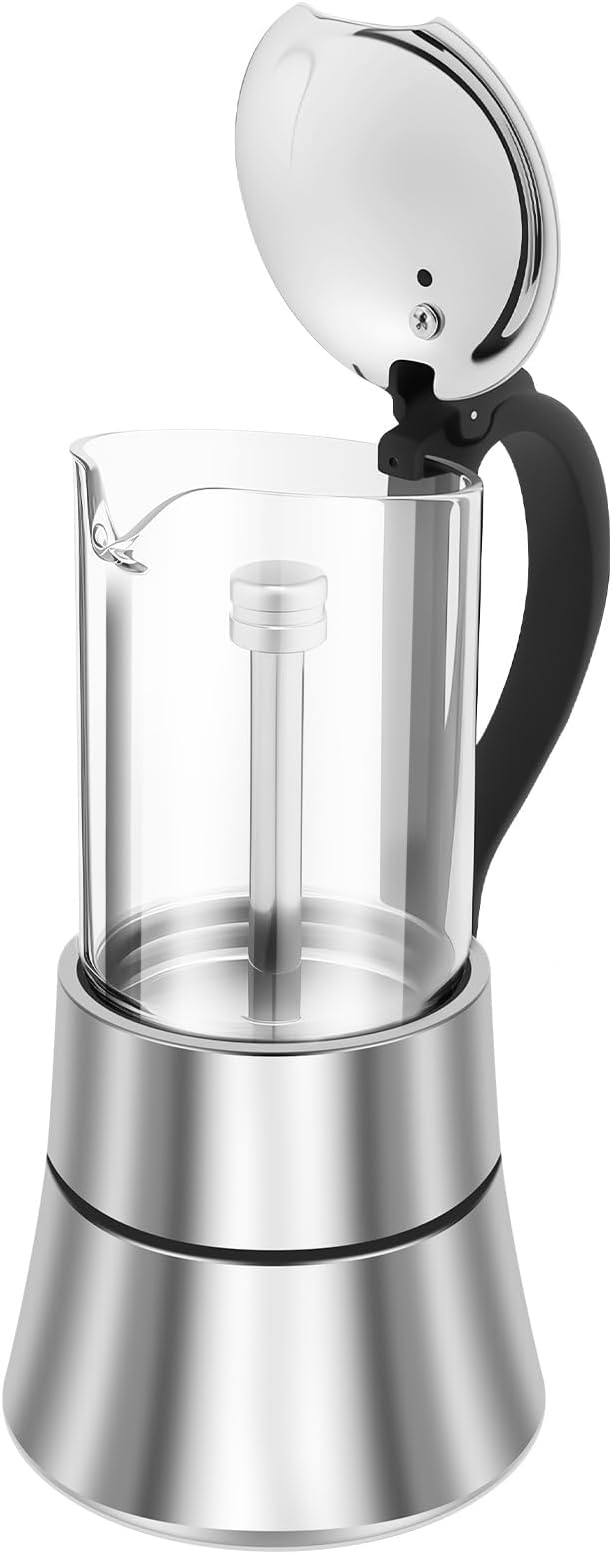 Stovetop Espresso Maker Stovetop Coffee Makers 120ml/4oz Induction Moka Pot Clear Glass Top Stainless Steel Portable Stovetop Espresso and Coffee Maker for Coffee Home