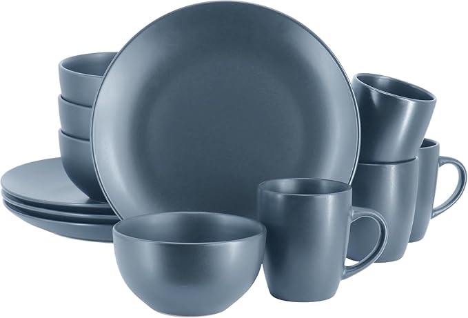 12 Piece Stoneware Dinnerware Set – Round Plates Bowls &amp Mugs for 4 Dishwasher &amp Microwave Safe Modern Matte Finish (Blue)