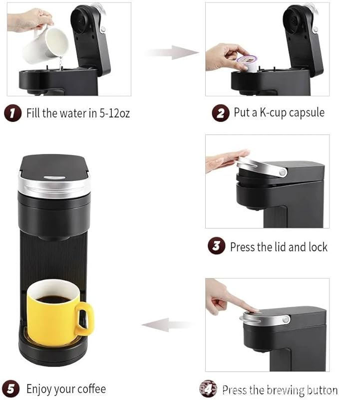 Single Serve Coffee Maker Slim One Cup Brewer with Reusable Filter Compact Pod Coffee Machine 6-12oz