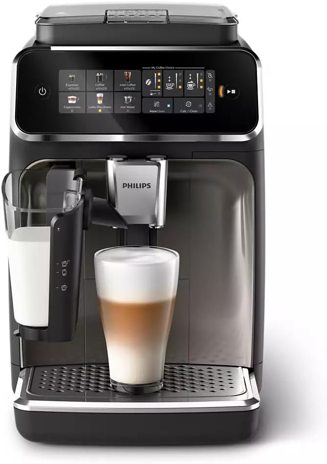 Philips 3300-Series Fully Automatic Espresso Machine - 6 Drinks Modern Colour Touch Screen LatteGo Milking System SilentBrew 100% Ceramic Grinder AquaClean Filter. Black Chrome (EP3347/90) (Renew