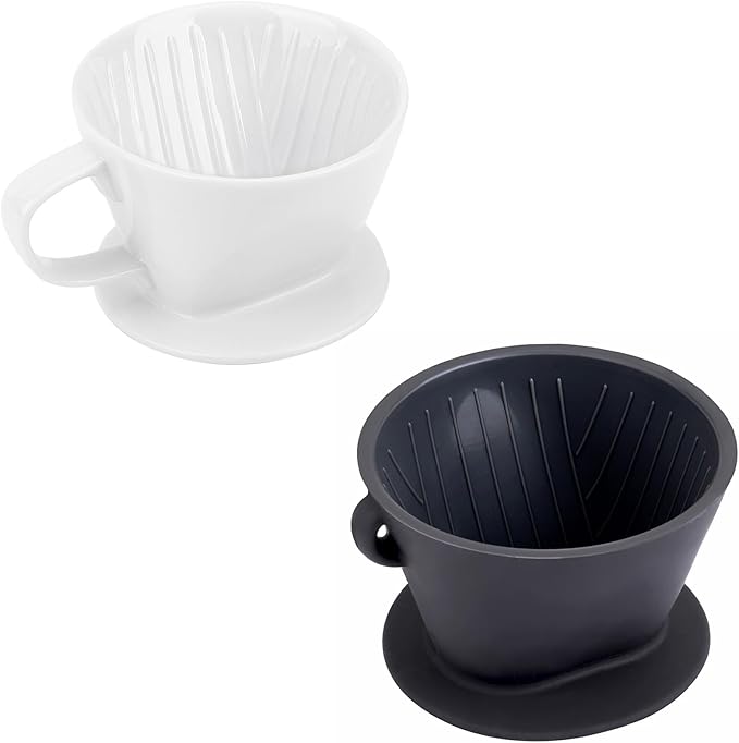Segarty Pour Over Coffee Maker White Ceramic Coffee Dripper and Black Silicone Dripper Cup Dripping Brewer with 3 Holes Flat Bottom Coffee Filter Holder for Travel Camping Office Home