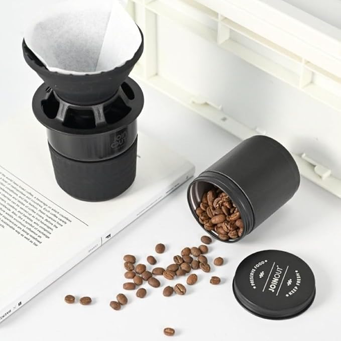 Portable Pour Over Coffee Maker Set with Carrying Case Collapsible Silicone Dripper 304 Stainless Steel Filter Cup V60 Compatible Black Outdoor Camping Travel Kit (Black with Cone Filter)