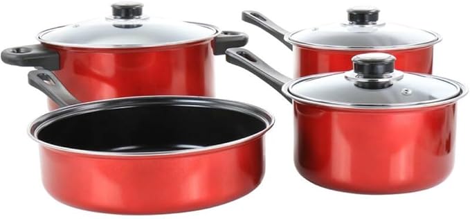 7-Piece Nonstick Steel Cookware Set in Red – Everyday Pots and Pans with Heat-Resistant Handles