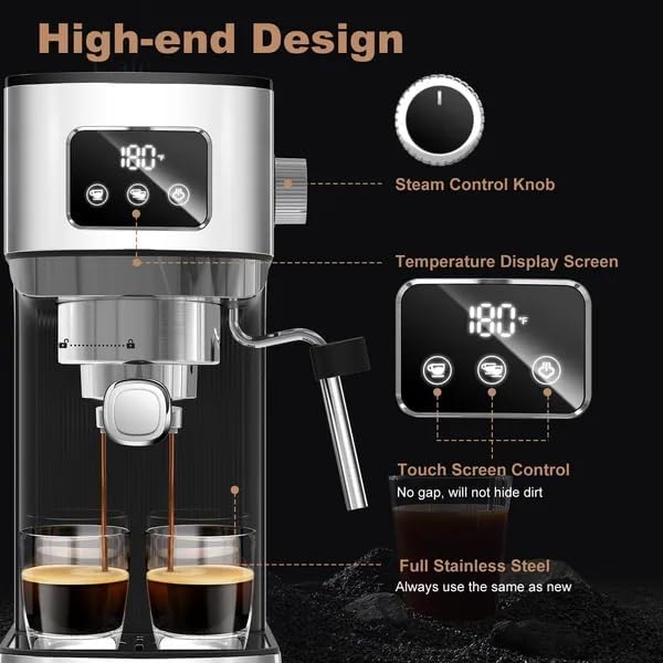 20 Bar Espresso Machine for Home Cappuccino &amp Latte Maker with Milk Frother Steam Wand ESE Pod Filter Accurate Temperature &amp Time Control Compact Stainless Steel Coffee Machine