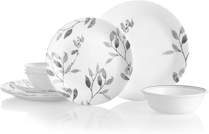 Corelle 12-Piece Vitrelle Misty Leaves Chip and Break Resistant Dinner Set Grey