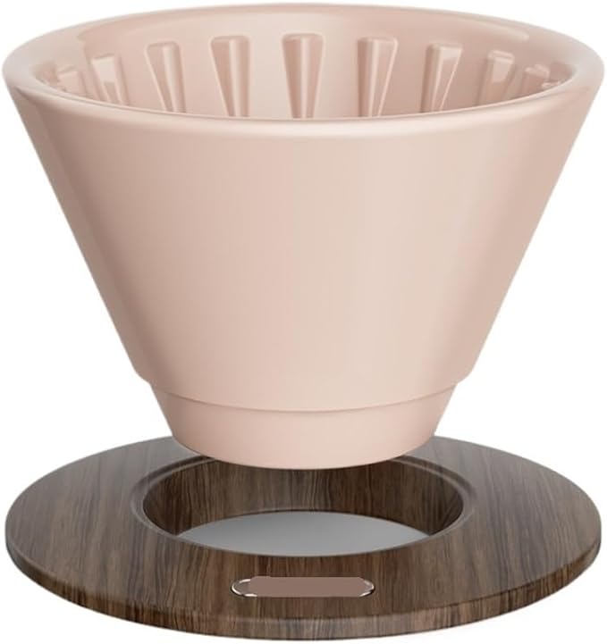 Pour Over Coffee Maker Ceramic Filter Dripper With Walnut Collar Reusable Cone Drip Holder For Travel(Pink)
