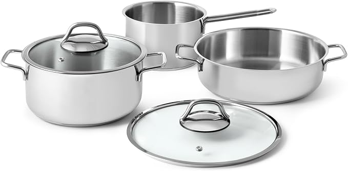INOXPLUS Stainless Steel 18/10 Triple Base Saucepan Set of 5 for All Hob Types Including Induction with Glass Lid - Elegant and Durable