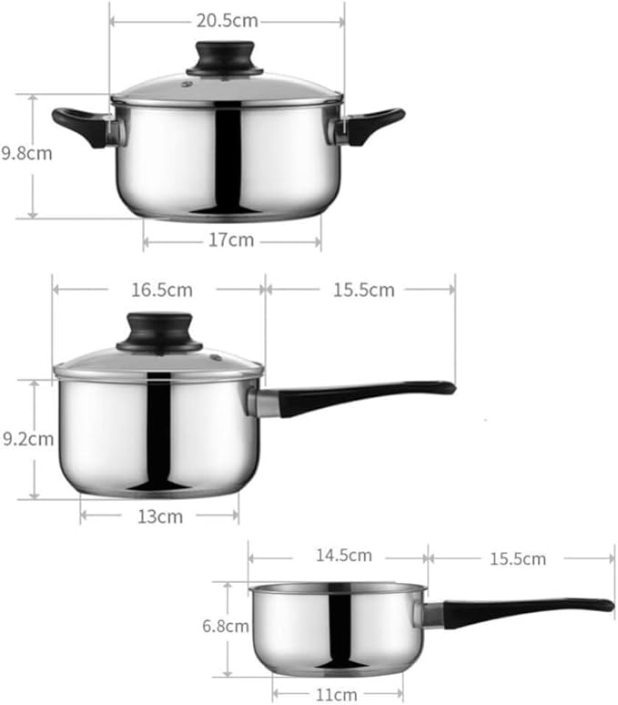 Kitchen Cookware Sets 3Pcs Cookware Set Stainless Steel Pot Pan Sets Saucepan Casserole Milk Pot with Glass Lid Cooking Set Cooking Pots