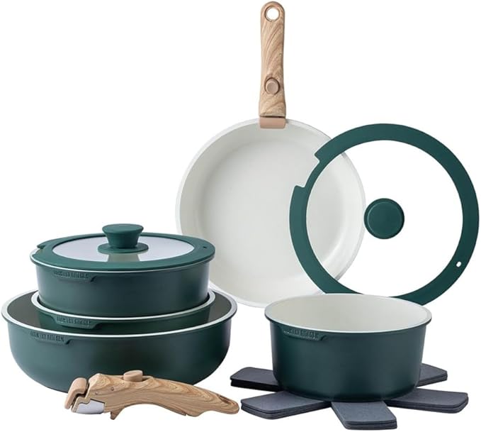Pots and Pans Set Healthy Safe Ceramic Nonstick Kitchen Cookware with Soft Touch Removable Handle CookwareCream DiamondOne-Sage-One