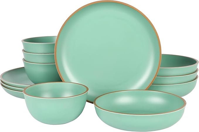 12-Piece Melamine Dinnerware Set – Double Bowl Lightweight Shatter-Resistant Plates and Bowls with Matte Finish – Dishwasher Safe Outdoor and Everyday Dining Set (Green)