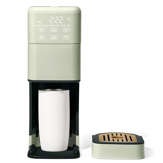 Perfect Grind Single Serve Coffee Maker built-in grinder 6 sizes 3 strengths pod-free reusable filter 64oz reservoir touch display hot &amp iced brew. (Sage Green)