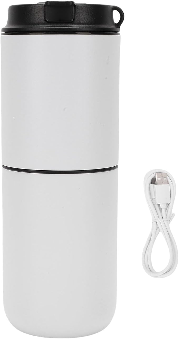 Portable Coffee Maker Machine 350ml Travel All in One Coffee Bean Grinder and Hand Brew Kit Semi Automatic 15 Grind Settings Quick Heating for RV Camping Car (White)