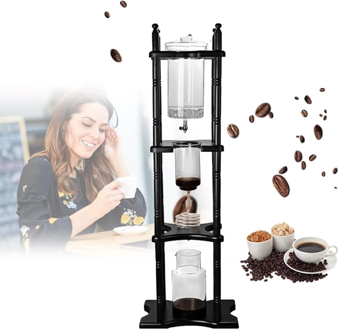 2500ml Cold Brew Coffee Maker Large Capacity Ice Dripper Coffee Maker Glass Dutch Coffee Dripper Ice Drip Coffee Tower With Stable Base Portable Household With Pine Wood amd Handmade Glass