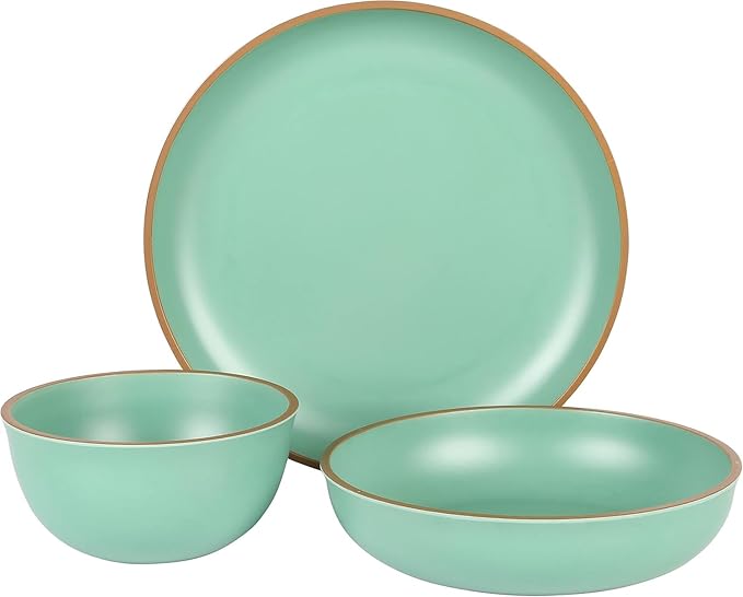 12-Piece Melamine Dinnerware Set – Double Bowl Lightweight Shatter-Resistant Plates and Bowls with Matte Finish – Dishwasher Safe Outdoor and Everyday Dining Set (Green)