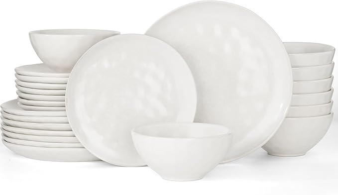 Famiware Dinnerware Sets for 8 Ocean Round 24-Piece Kitchen Plates and Bowls Sets Microwave and Dishwasher Safe Scratch Resistant Matte White