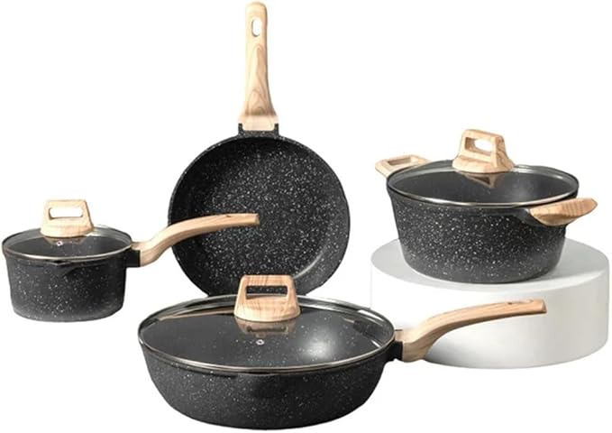 8Pcs Pots and Pans Set Non Stick Kitchen Cookware Nonstick Granite Cooking Sets with Frying Pans Saute Pan Stock Pot Sauce PanBlack8 Pc