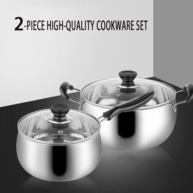 2-Piece Pot SetCookware Setwith Tempered Glass Lid Comfortable Handle Stainless Steel Soup Pot Suitable for Gas Induction Cooker Easy to Clean Deep Pan