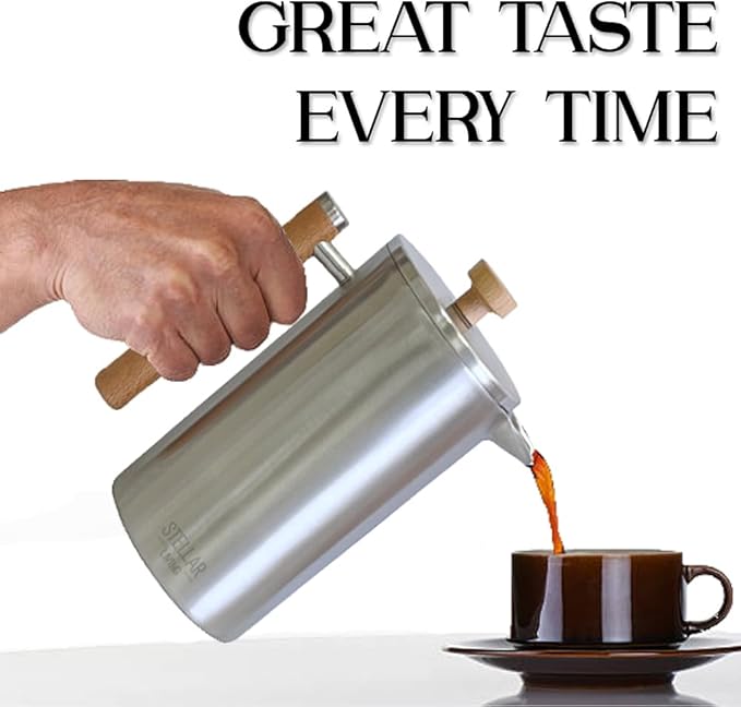 Stellar Living 34 OZ Stainless Steel French Press Coffee Maker with Double Vacuum Insulation Maximum Flavor Coffee Brewer Tea and Coffee Press Camp Coffee Maker - Matte Silver with Wooden Handle