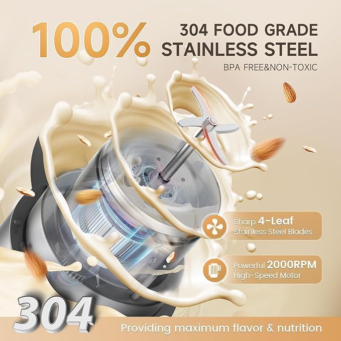 304 Stainless Steel Almond Milk Maker Machine (Built-in Filter) 50oz 6-7 Cups Per Batch 8-IN-1 Cooking Blender Make Plant Based Nut Milk Soy Oat Milk Soup &amp Juice Automatic Cleaning (Silvery)