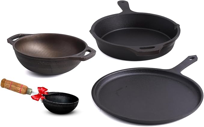 Pre-Seasoned Cast Iron Cookware Set | Tawa(25.2cm) Fry Pan (25cm) Wok Model Kadai (20.8cm) with Free Tadka Pan (16.4cm) | Kitchen Cooking Combo Pots and Pans Set of 4 Pcs Black