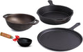 Pre-Seasoned Cast Iron Cookware Set | Tawa(25.2cm) Fry Pan (25cm) Wok Model Kadai (20.8cm) with Free Tadka Pan (16.4cm) | Kitchen Cooking Combo Pots and Pans Set of 4 Pcs Black